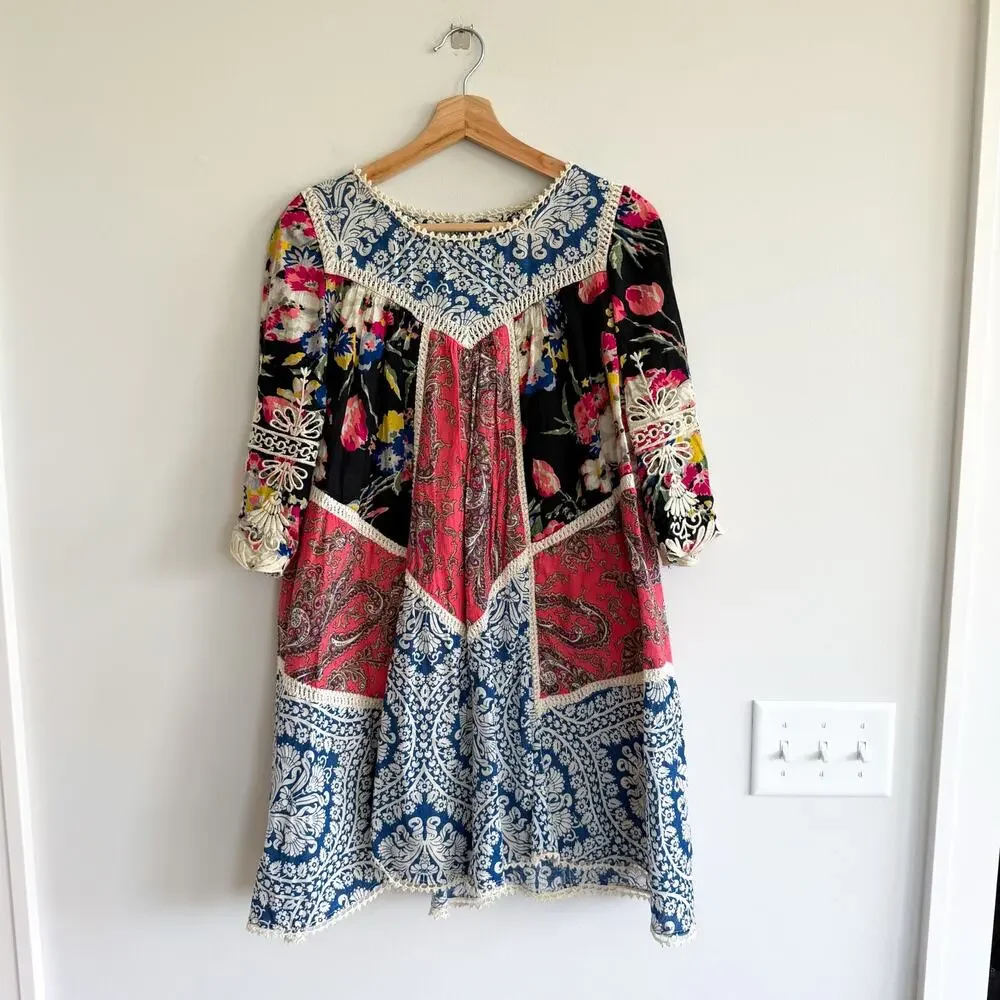 Anthropologie Vanessa Virginia Inez Patchwork Crochet Mini Dress Blue Red 0 - Picture 3 of 10